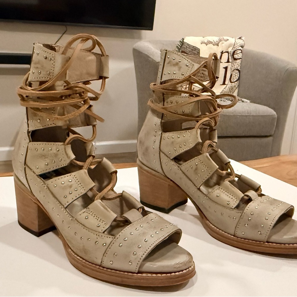 Freebird by Steven Taupe Lace-Up Studded Block Heel Sandals